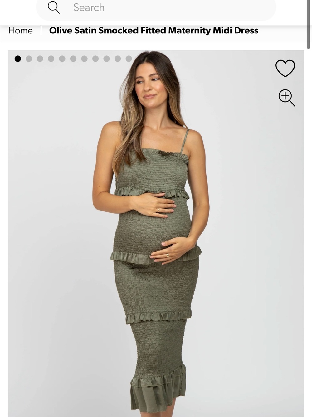 Mable Daphne Smocked Satin Tiered Fitted Midi Dress in Olive Green Size Large